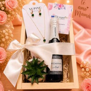 regalo para mama con vino joyeria y planta decorativa Lima