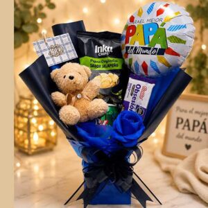 Box regalo para papá con peluche, snacks y globo temático delivery en Lima