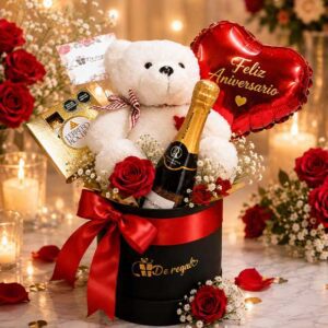 Regalo de aniversario para pareja con peluche, vino y chocolates